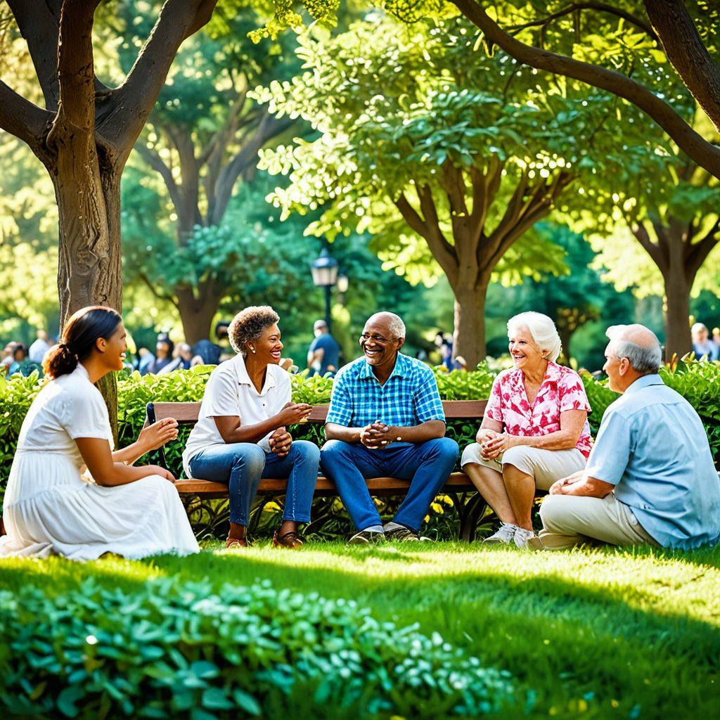 A heartwarming scene of diverse individuals engaging in meaningful conversations in a lively park setting, surrounded by colorful flowers and trees. People of different ages and backgrounds are laughing and sharing ideas, symbolizing the importance of social connections. Include soft sunlight filtering through the leaves, creating a warm and inviting atmosphere. vibrant colors. super-realistic.