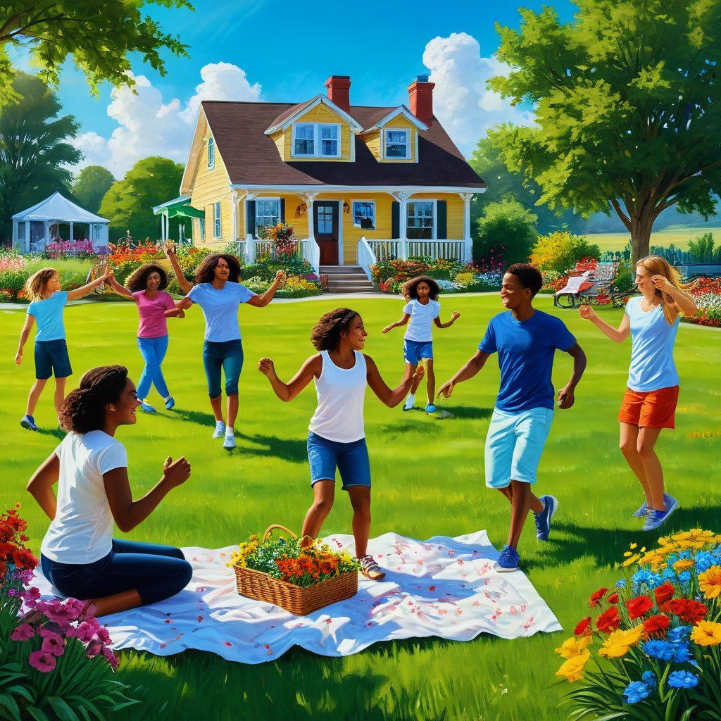 A dynamic scene depicting diverse individuals engaged in joyful activities such as dancing, gardening, and team sports, surrounded by nature and vibrant colors symbolizing happiness and well-being. Include elements representing community, like shared meals and laughter. The atmosphere should exude warmth and positivity. bright colors. super-realistic.