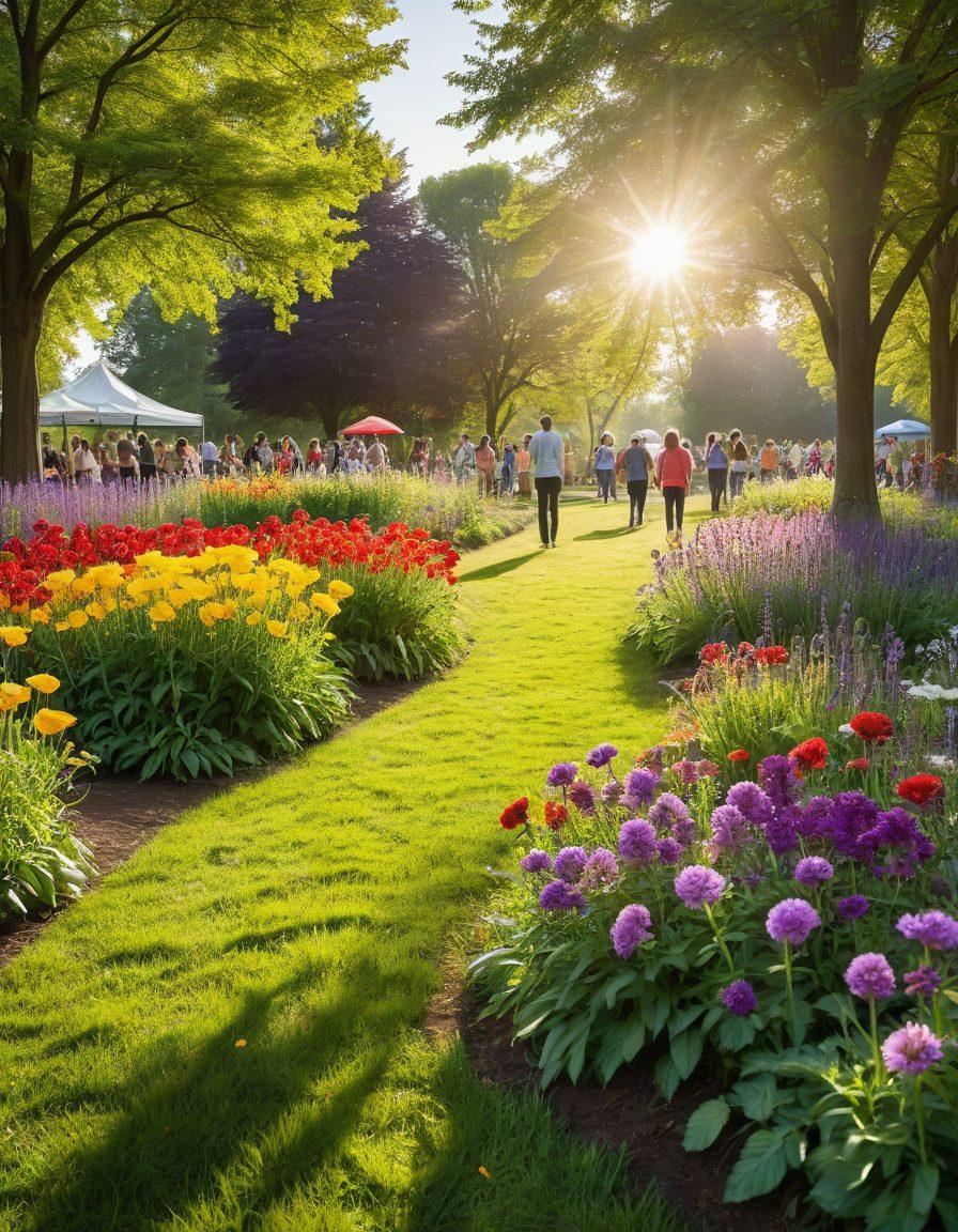 A vibrant community gathering, showcasing diverse individuals engaged in joyful activities like gardening, laughing, and sharing stories in a lush green park. Bright colors radiate warmth, with flowers blooming and sunlight casting a cheerful glow, symbolizing emotional well-being and resilience. Include elements like a banner reading 'Cultivating Joy' in the background, creating a sense of unity. super-realistic. vibrant colors. sunny atmosphere.